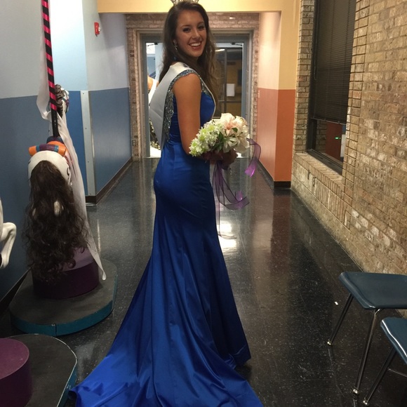 Sherri Hill Couture Satin Pageant Original One of a Kind Blue Dress With Train - Picture 5 of 6